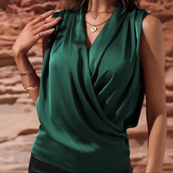 Luxe Satin Overlap Sleeveless Work Office Top Burgundy - Picture 6 of 12